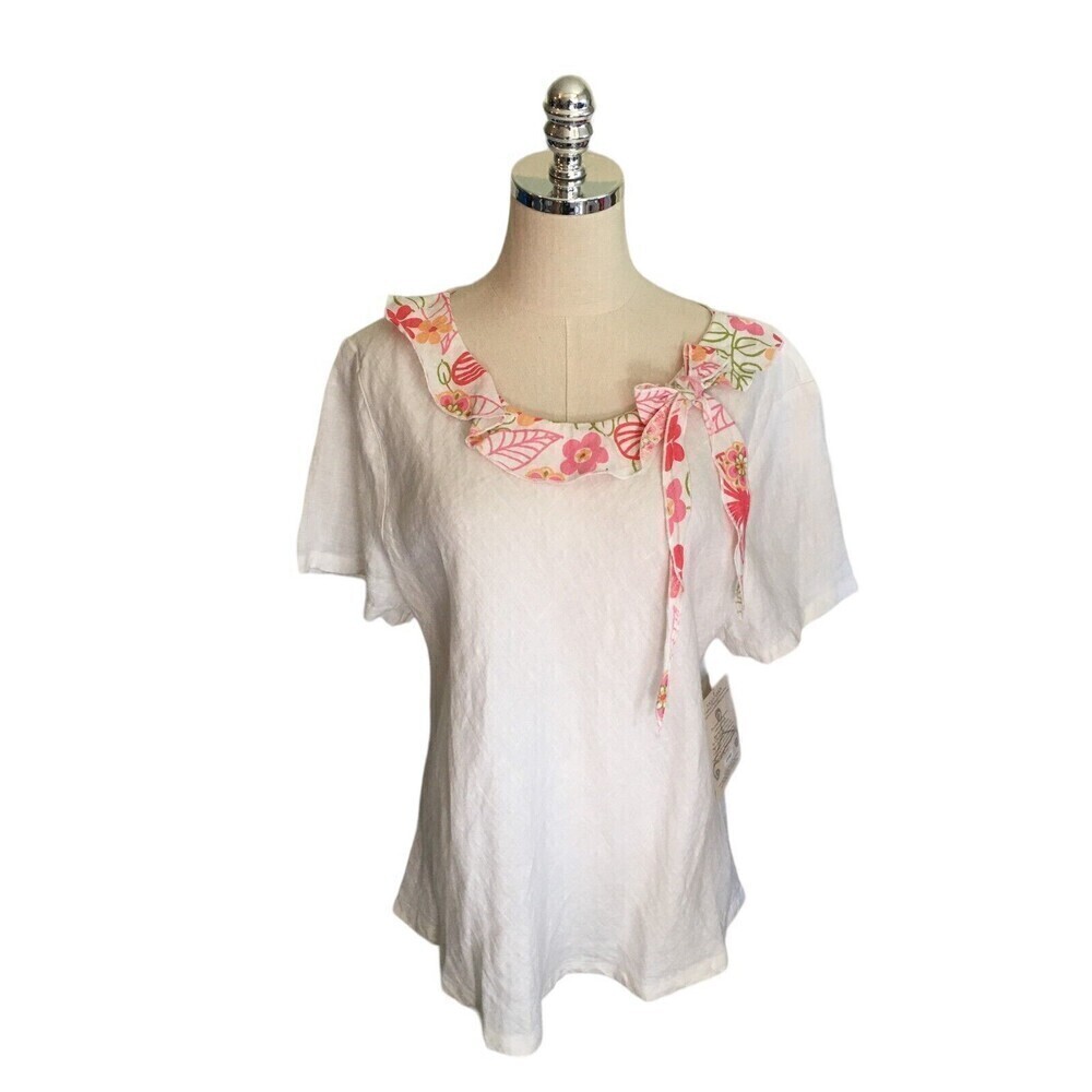 Focus Linen Shirt Size Extra Large White Lagenlook Floral Short Sleeve Shirt NEW
